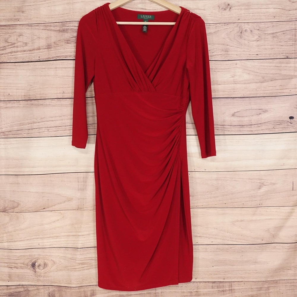 Lauren Ralph Lauren Dress Womens 6P Red Ruched Sheath V Neck Jersey 3/4 Sleeve